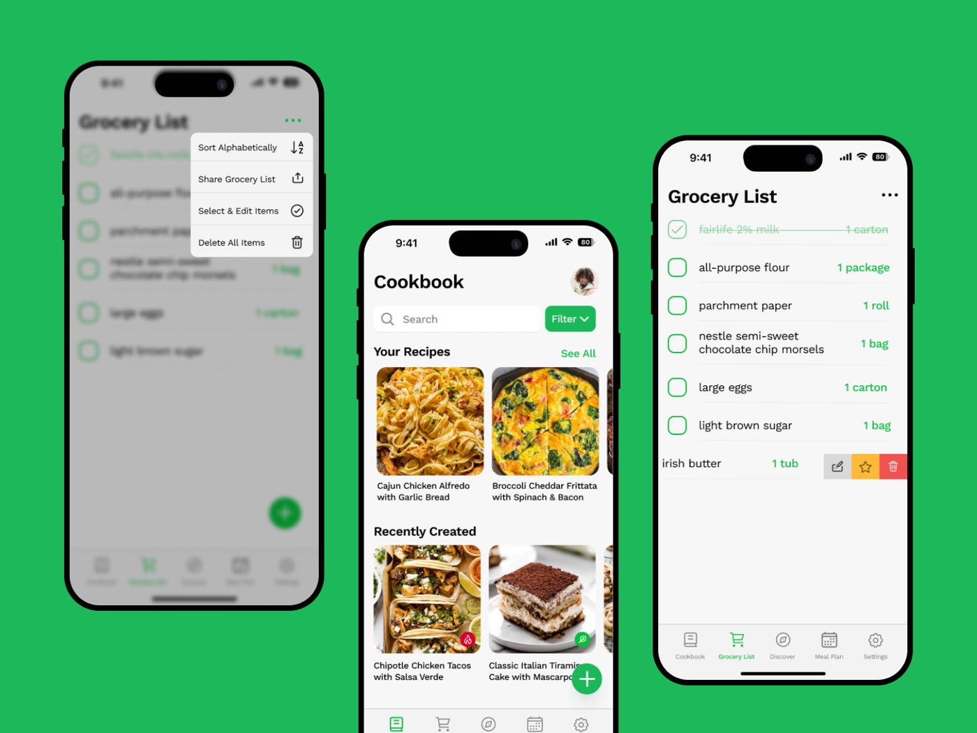 Cookbook app screens