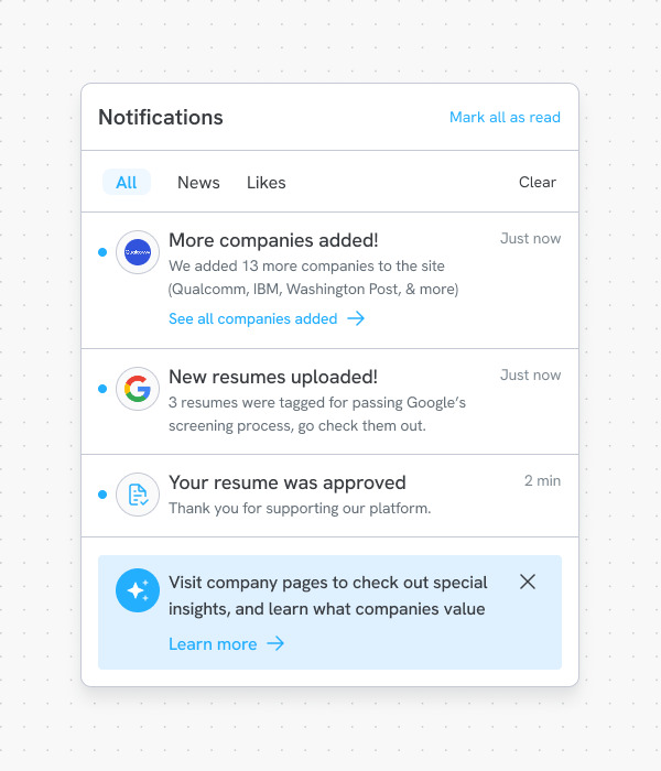 The Resumes.fyi notifications panel