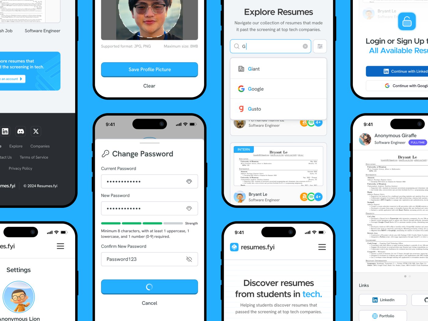 Resumes.fyi app screens