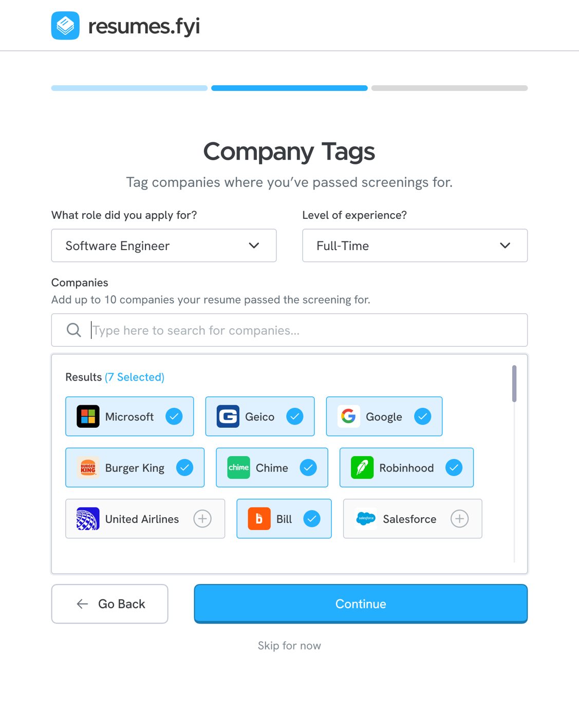 Resumes.fyi company tags