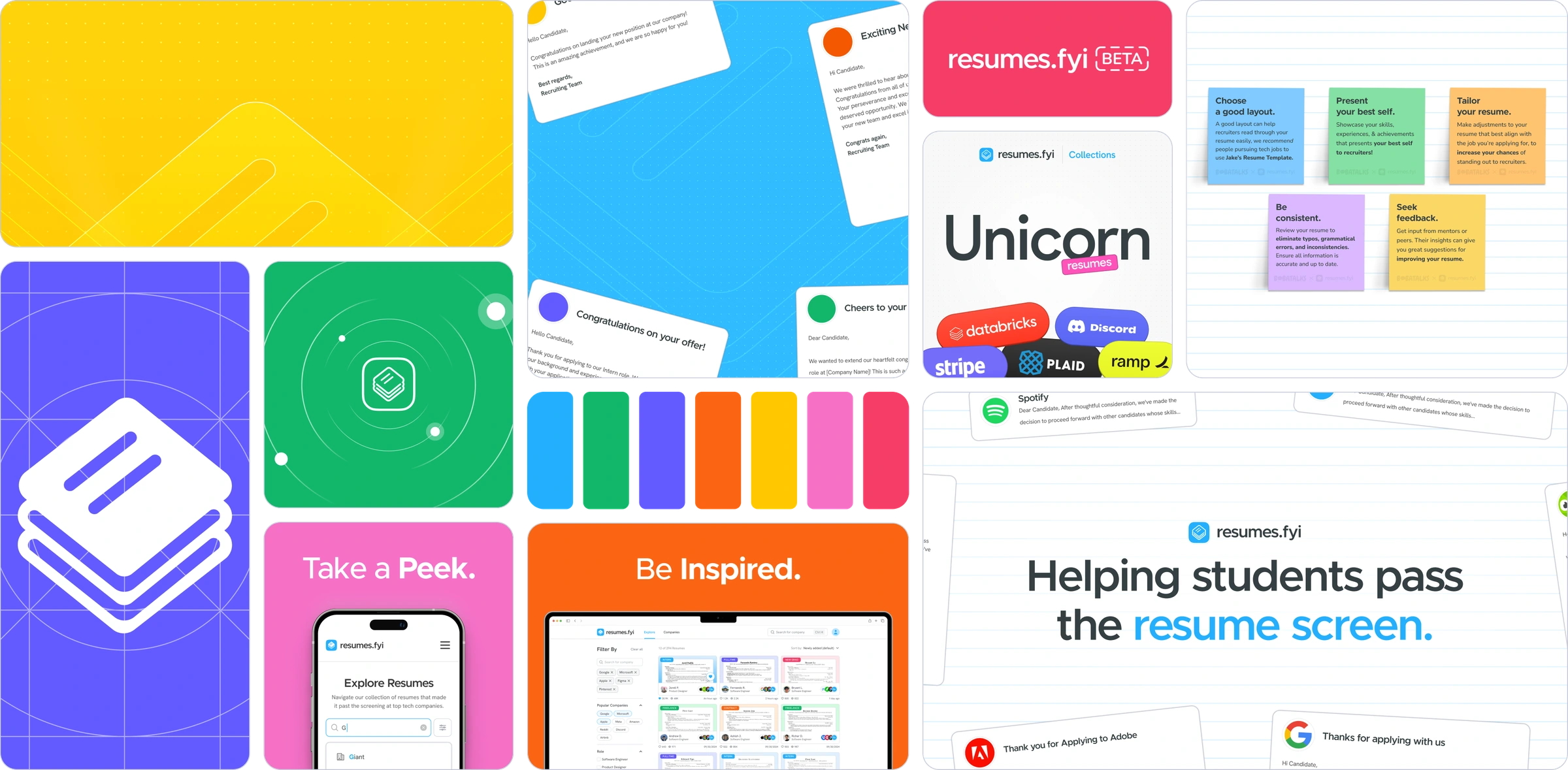 The Resumes.fyi brand system: colors, app icon, campaign graphics, sticky-note tips and product moments