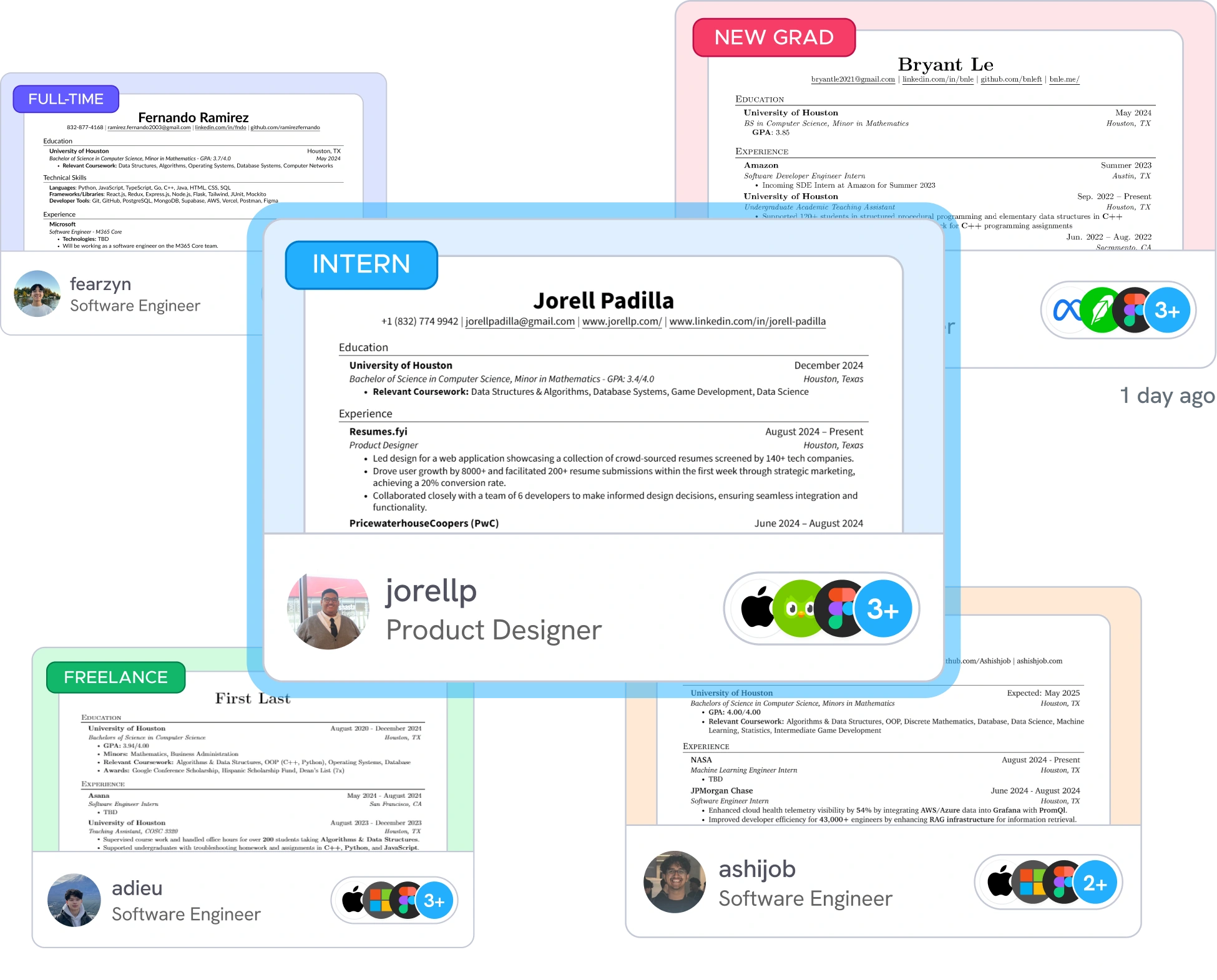 Resume cards tagged Intern, Full-time, New grad and Freelance, each showing a profile, role and company logos