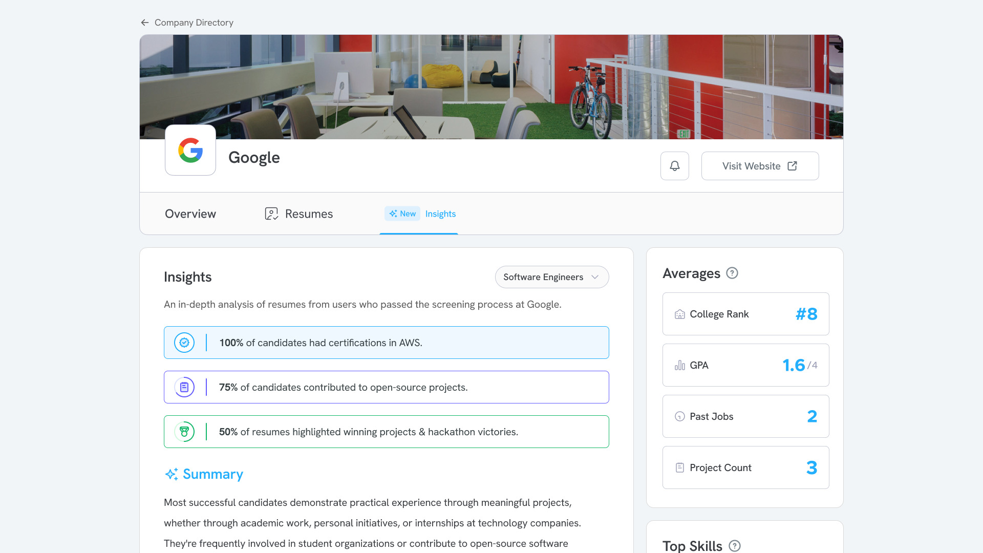A company page for Google showing insights, a summary and average stats of resumes that passed the screen