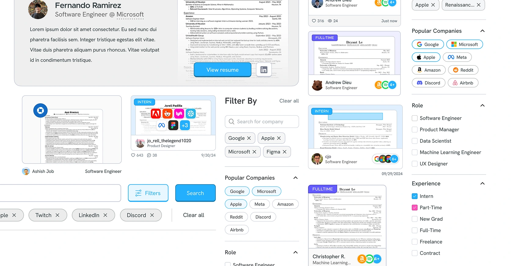 Explore components: filter chips, company search, resume cards and selected filters