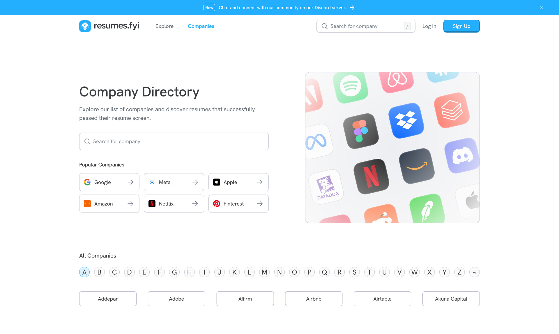 The Company Directory page with search, popular companies and an A to Z list