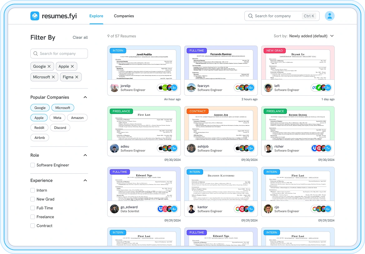The revised explore page: a filter sidebar beside a grid of color-coded resume cards, with sorting and result counts