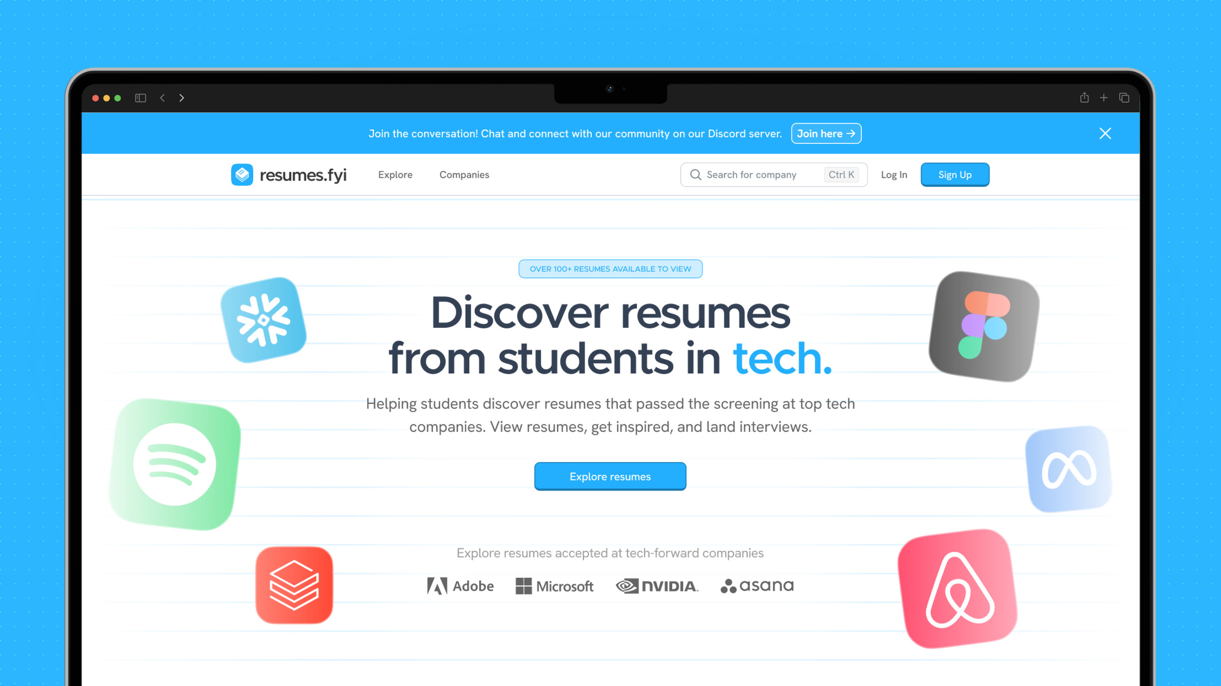 The Resumes.fyi home page: Discover resumes from students in tech