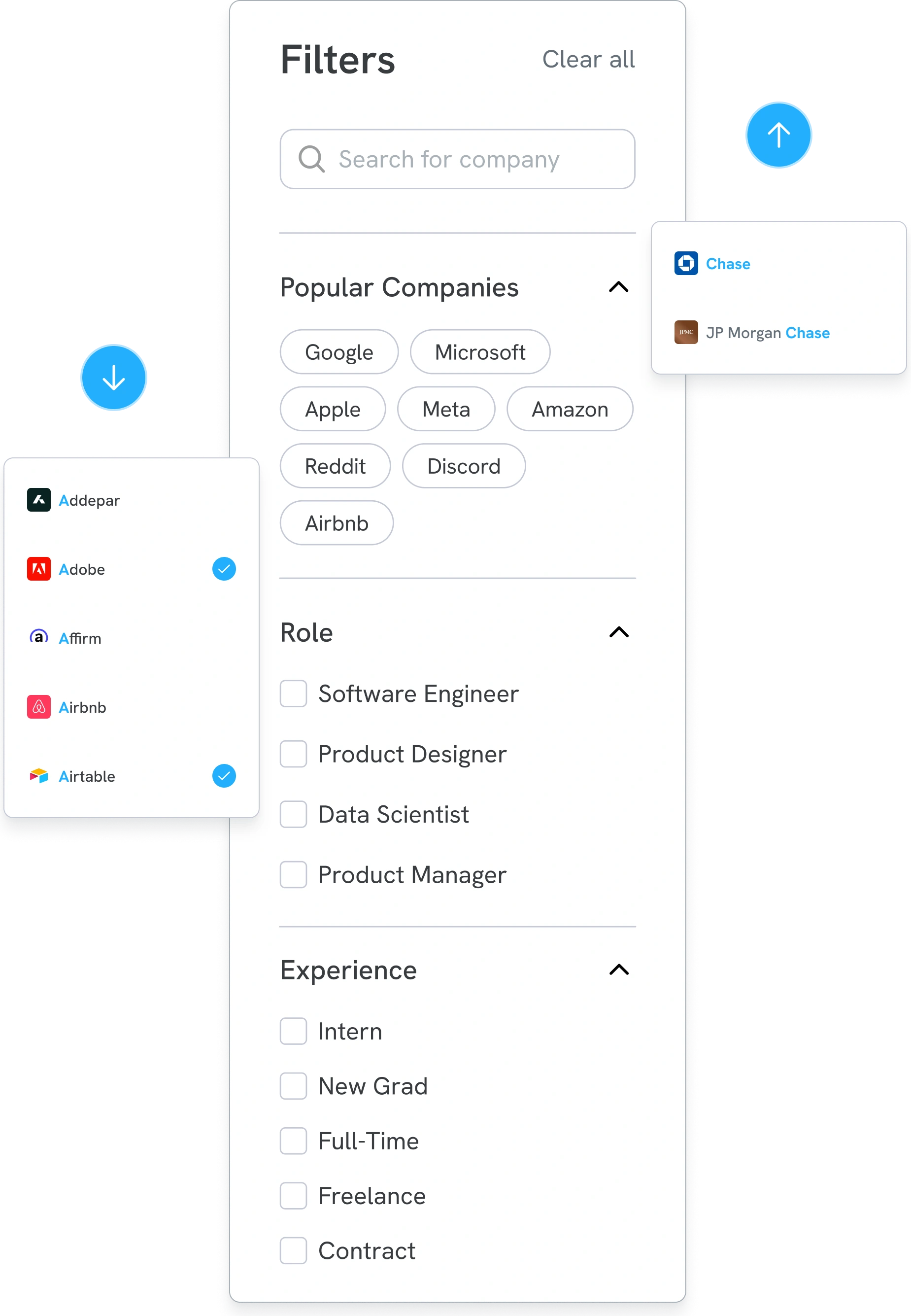 The filter sidebar with company search, popular company chips, and Role and Experience checkboxes