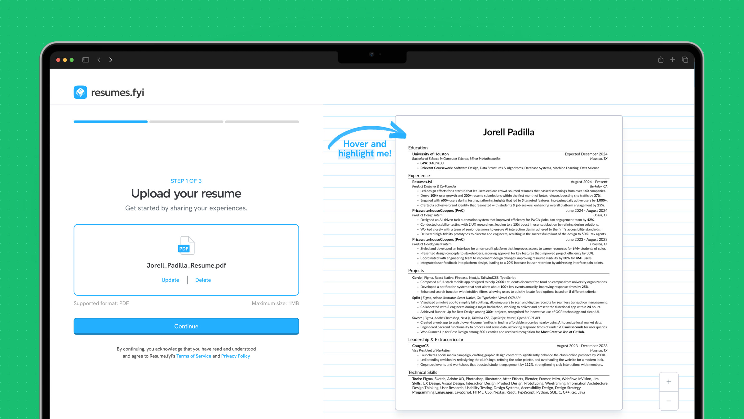 Step 1 of 3: Upload your resume, with a live preview