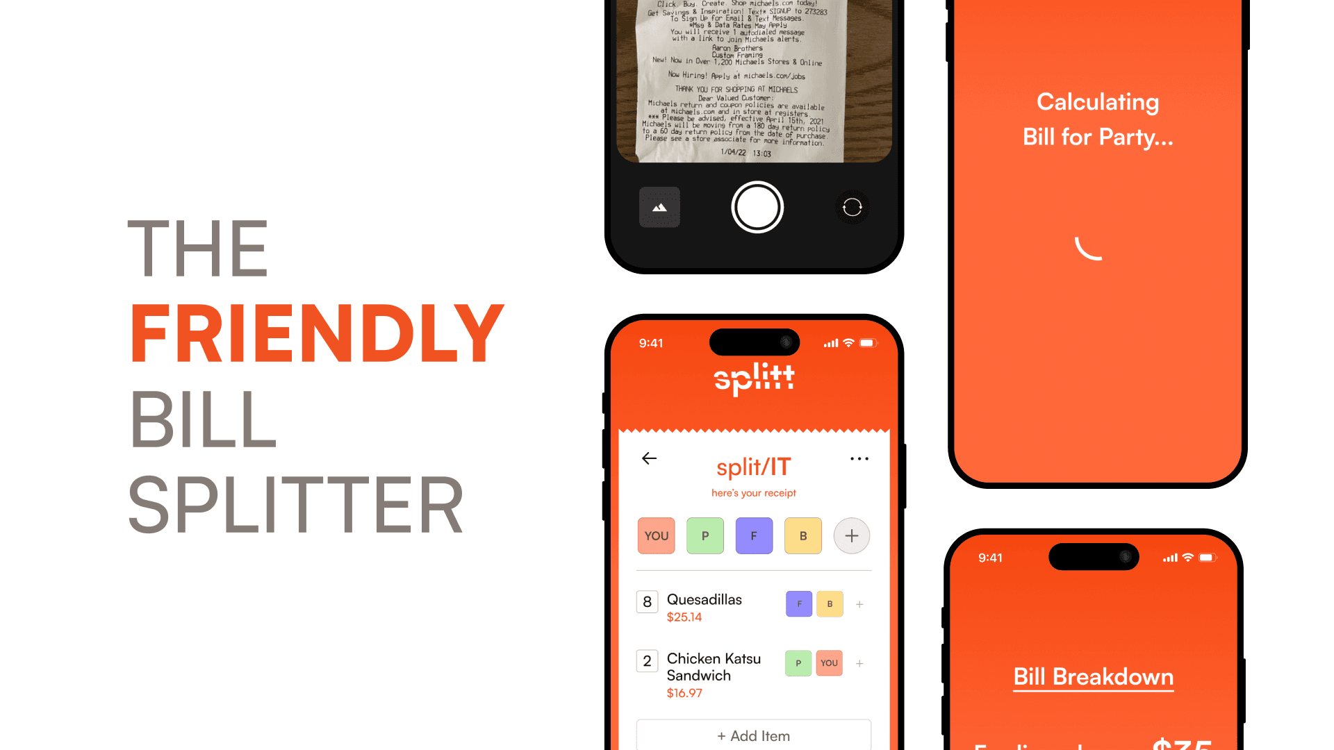 Splitt brand panel reading The Friendly Bill Splitter beside app screens