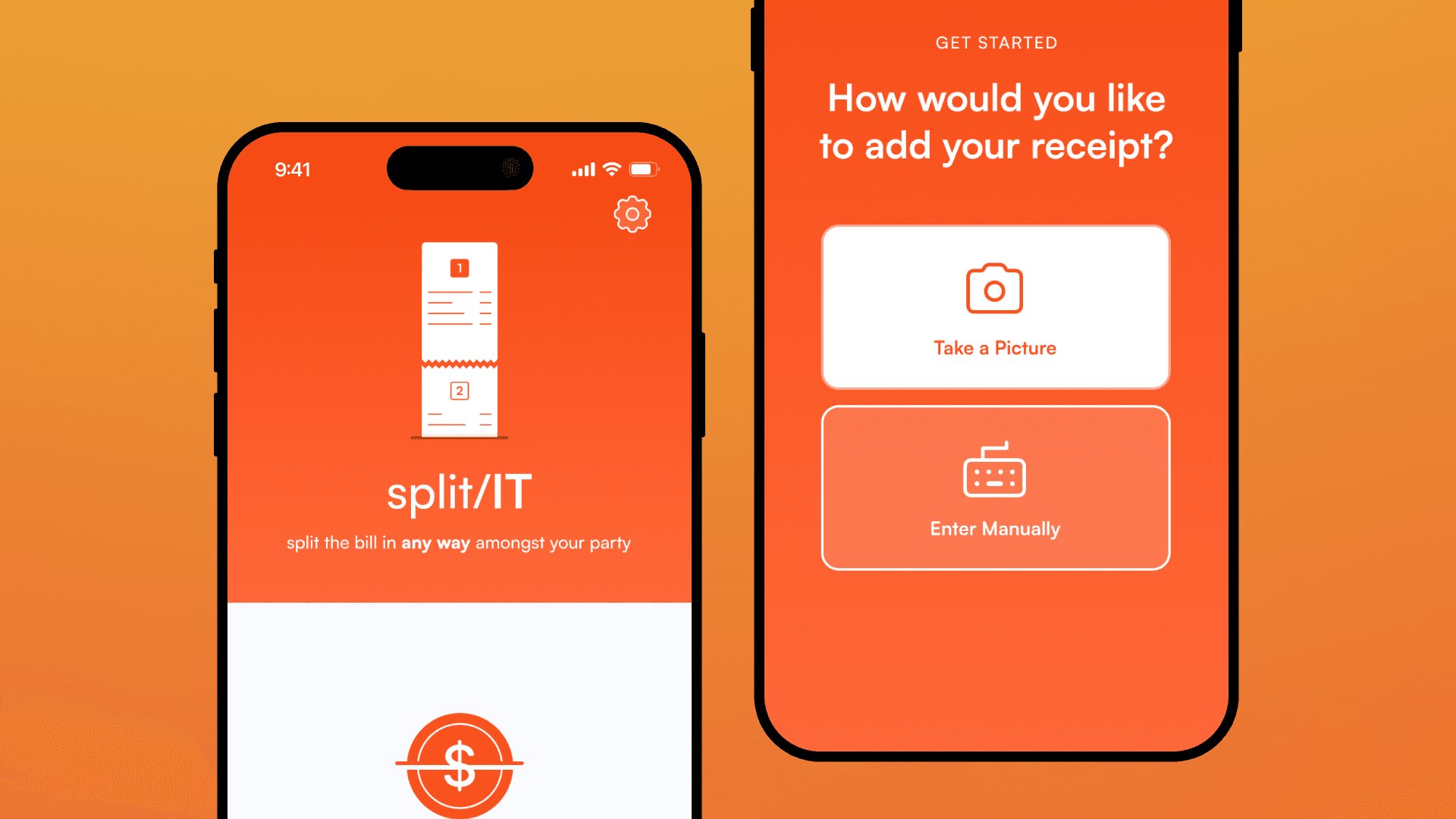 Splitt home screen and the choice to take a picture of a receipt or enter it manually
