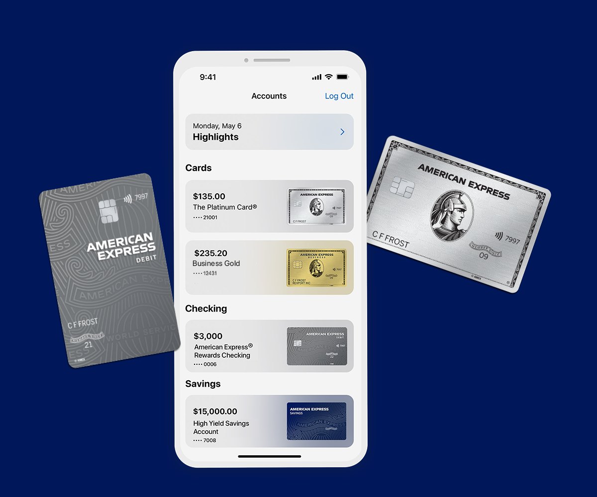 The Amex app accounts screen between a Platinum Card and a debit card